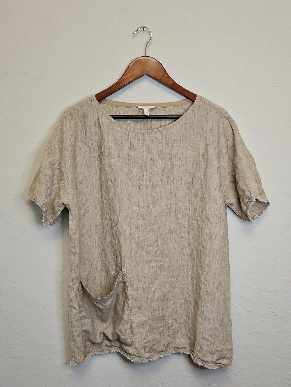 Eileen Fisher Oatmeal Organic Linen Tunic Top, Size Large